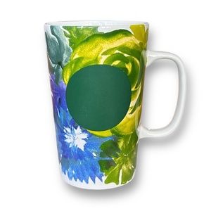 2014 STARBUCKS (Green) Dot Collection Green Blue Floral Coffee Tea Mug 16 oz